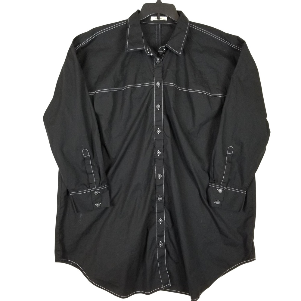 Zapelle Womens 3X 24W Black Contrast Stitch Longline Button Down Shirt Tunic Top